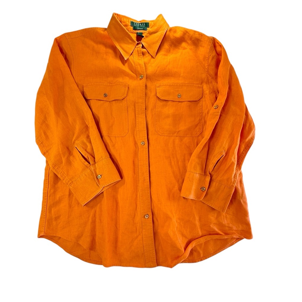 Lauren Ralph Lauren Vibrant Orange Button-Down Shirt 100% linen large